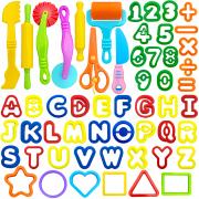 iShyan Playdough Tools 55 PCS Play Dough Tools Set for Kids, Play Dough Accessories Plastic Playdough Alphabet Numbers Shapes Cutters,Playdough Rollers,Dough Scissors